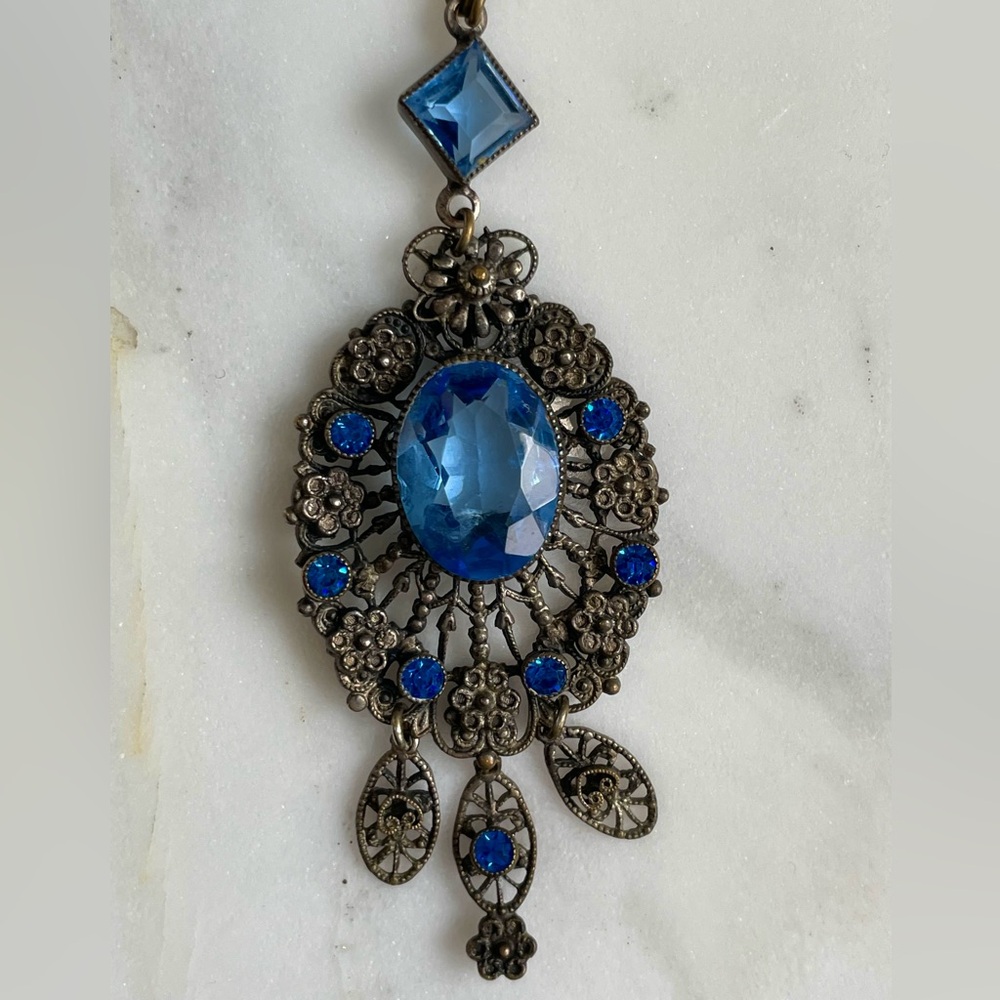 Czechoslovakia Blue glass 1920s-30s Filigree Pendant Necklace Art Deco/Edwardian
